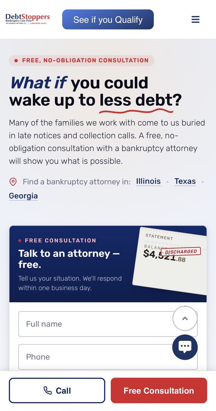 DebtStoppers mobile page showing the See if you Qualify button in the header and a persistent bottom bar with Call and Free Consultation actions
