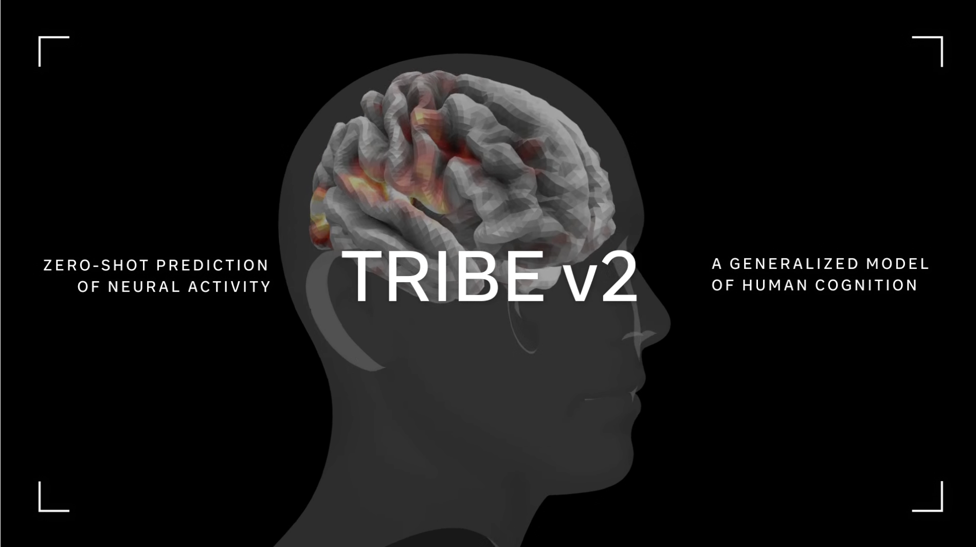 TRIBE v2 title card: a semi-transparent human head in profile with a 3D brain showing highlighted regions of predicted neural activity